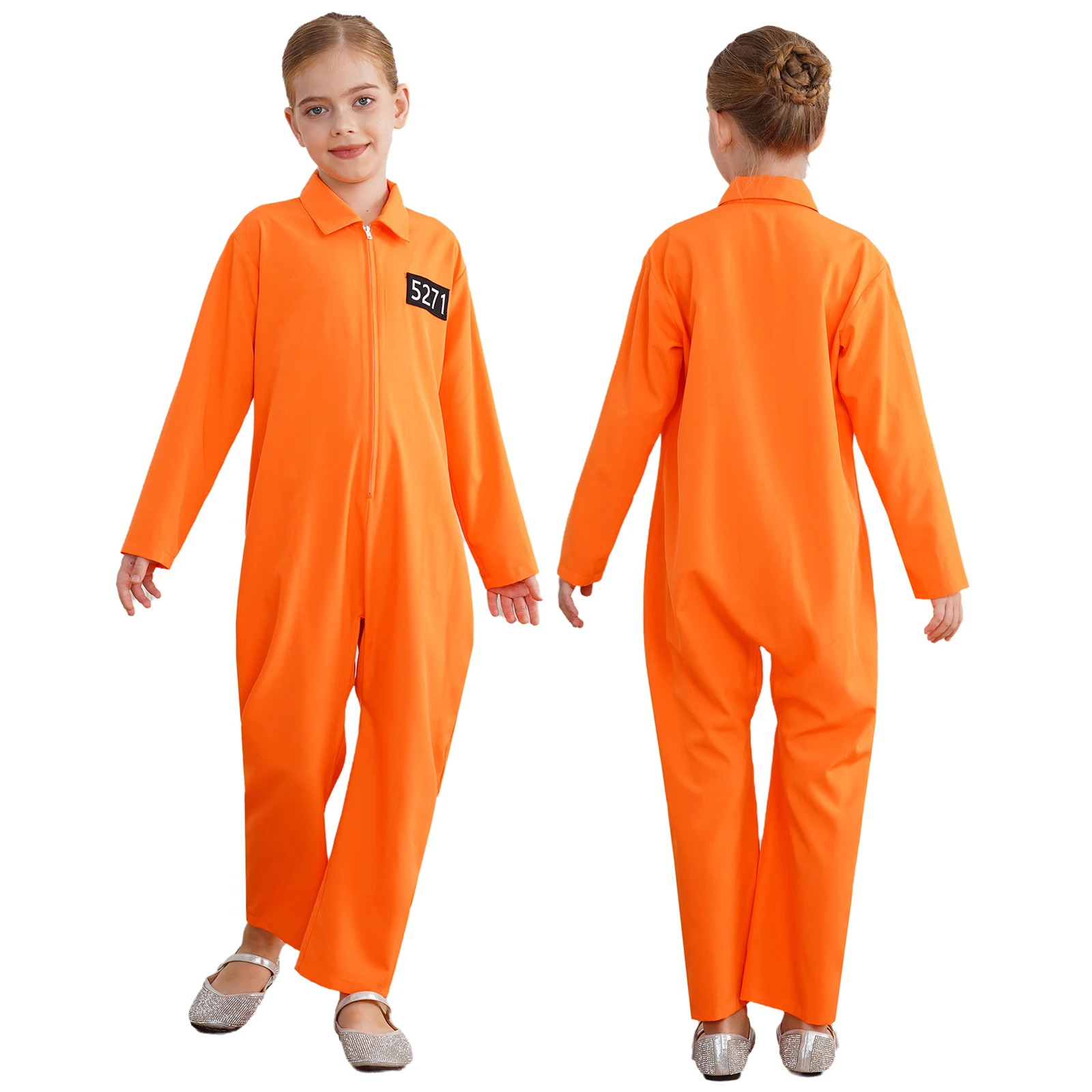 

Kids Halloween Prisoner Costume Jailbird Inmate Prison Uniform One Piece Long Sleeve Zipper Jumpsuit for Masquerade Ball Cosplay