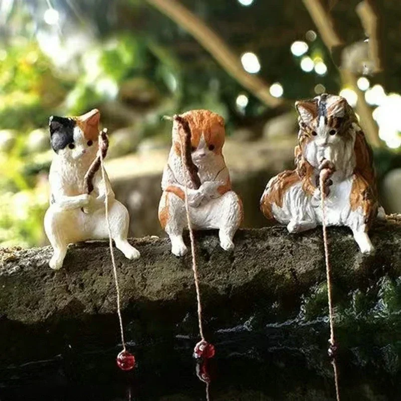 2024 Cartoon Resin Figurines for Home Decoration Cat Fishing Decorations Aquariums Fish Landscape Design Cat Statues Home Decor