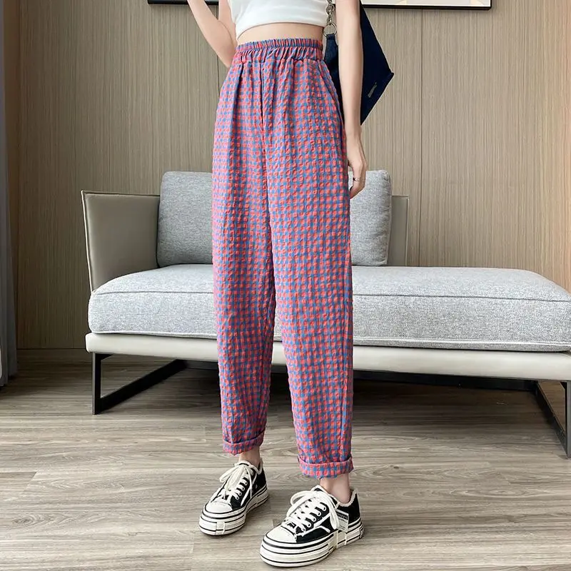 Women's Clothing Spring Autumn Elastic Plaid Contrast Color High Waisted Pockets Casual Straight Sweatpants Trousers Pants