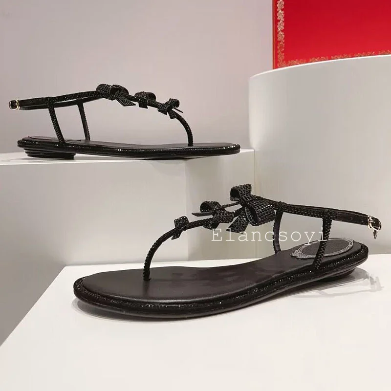 Freiliegende Zehen, glänzende Kristall-Schleifenknoten, flache Sandalen, Damen-Sandalen mit glitzernden Strasssteinen, Knöchelriemen, Sommer-Freizeit-Urlaubsschuhe