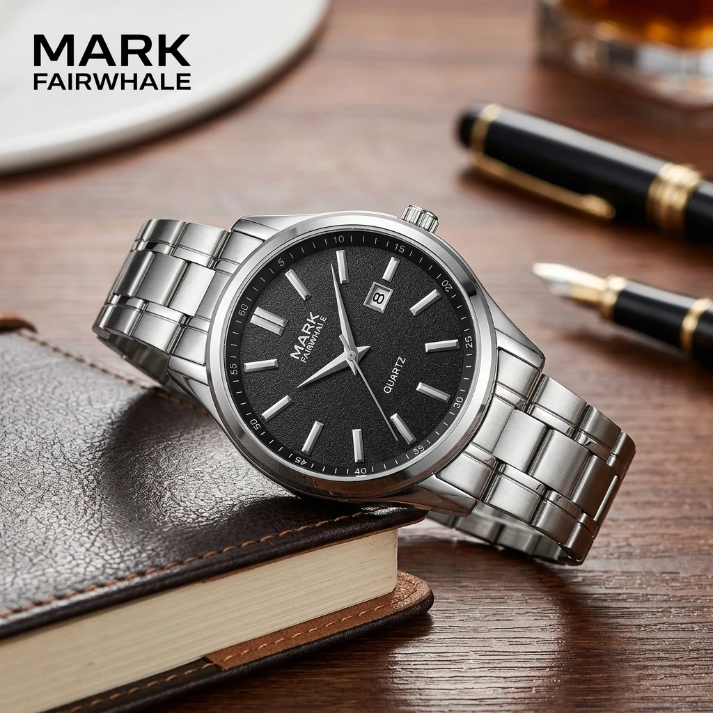 Mark Fairwhale Men Quartz Watch Round Black Textured Dial Date Window Metal Link Bracelet Male Wristwatch
