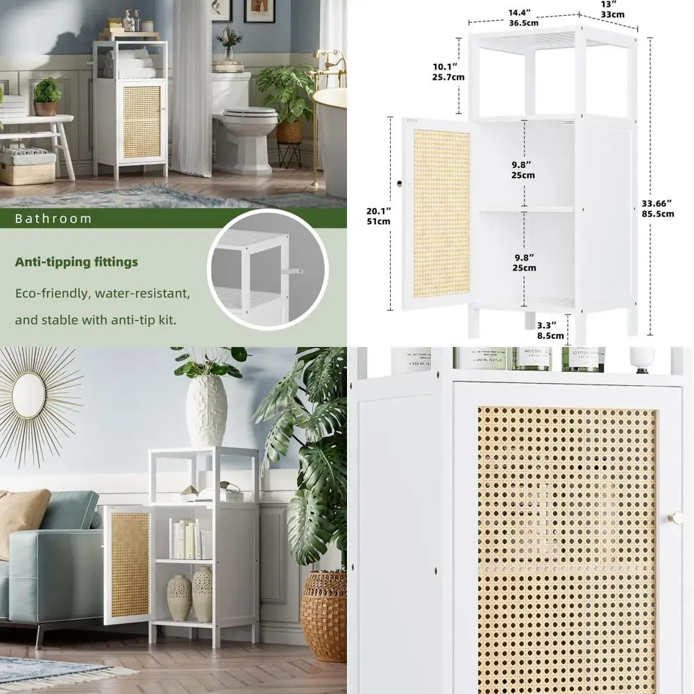 

White Single-Door and 1-Shelf Bamboo Rattan Cabinet for Space-Saving Storage in Kitchen, Bathroom, and Living Room