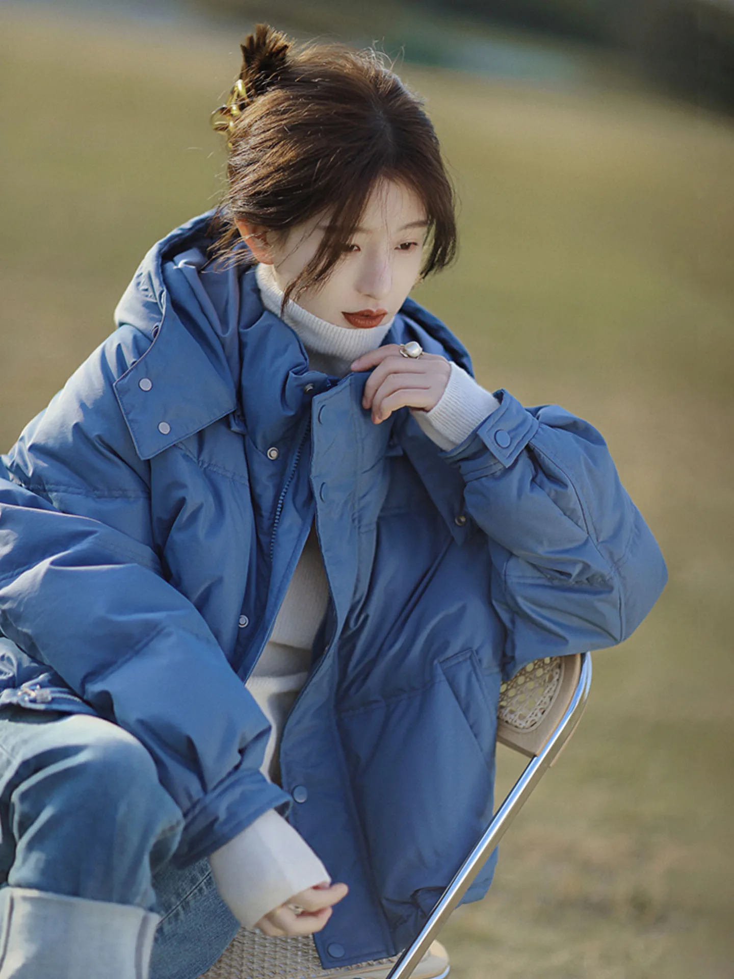 Koreaanse Sle ort Blue down Jaet damesbrood Sle Thi bovenkleding Winter Faion Street Sle warme jas