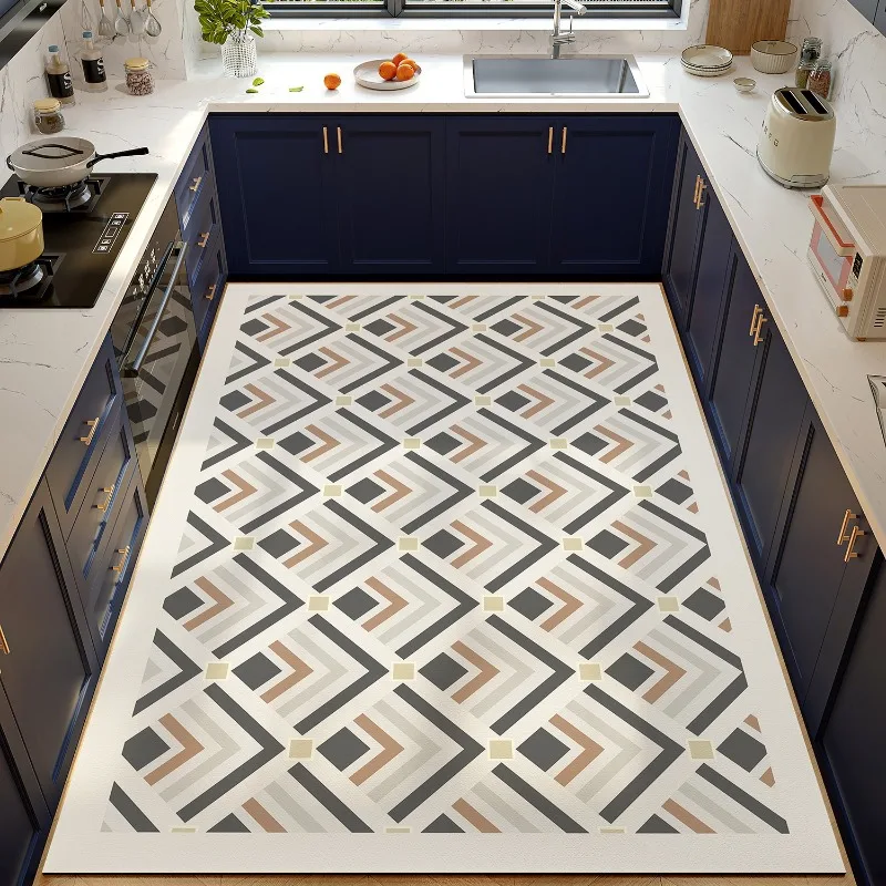 Teak Square Pattern Carpet PVC Leather Kitchen Foot Mats Anti-slip Durable Floor Mat Oil-resistant Washable Easy Clean Rug Tapis