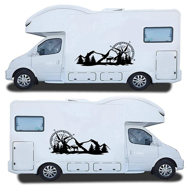 2X Body Sticker Decal Large Compass Navigation With Mountain Deer For Camper Van Motorhome Black