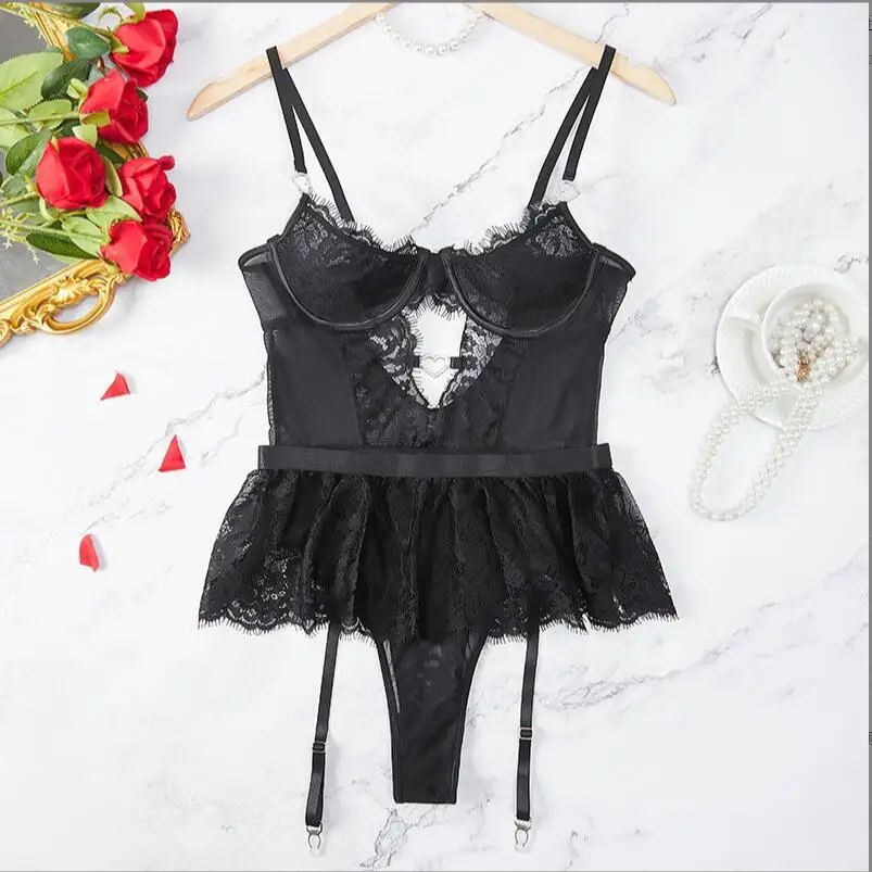 Bra Set Floral Exotic Sheer Lace Sexy Lingerie For Woman Transparent Porno Sexual Clothing Babydoll Teddy Dress Sexiest Nighties image 3