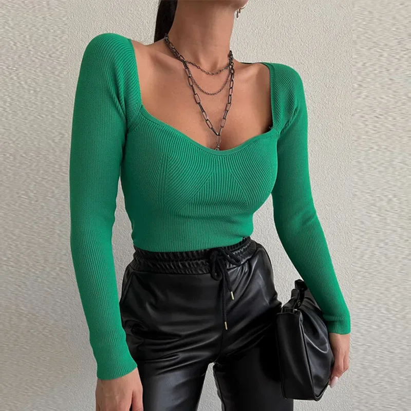 2023 Spring Short Square Collar Thin Knitted Pullovers Sweater Loose V-Neck Long Sleeve Women New Fashion Causal Jumper