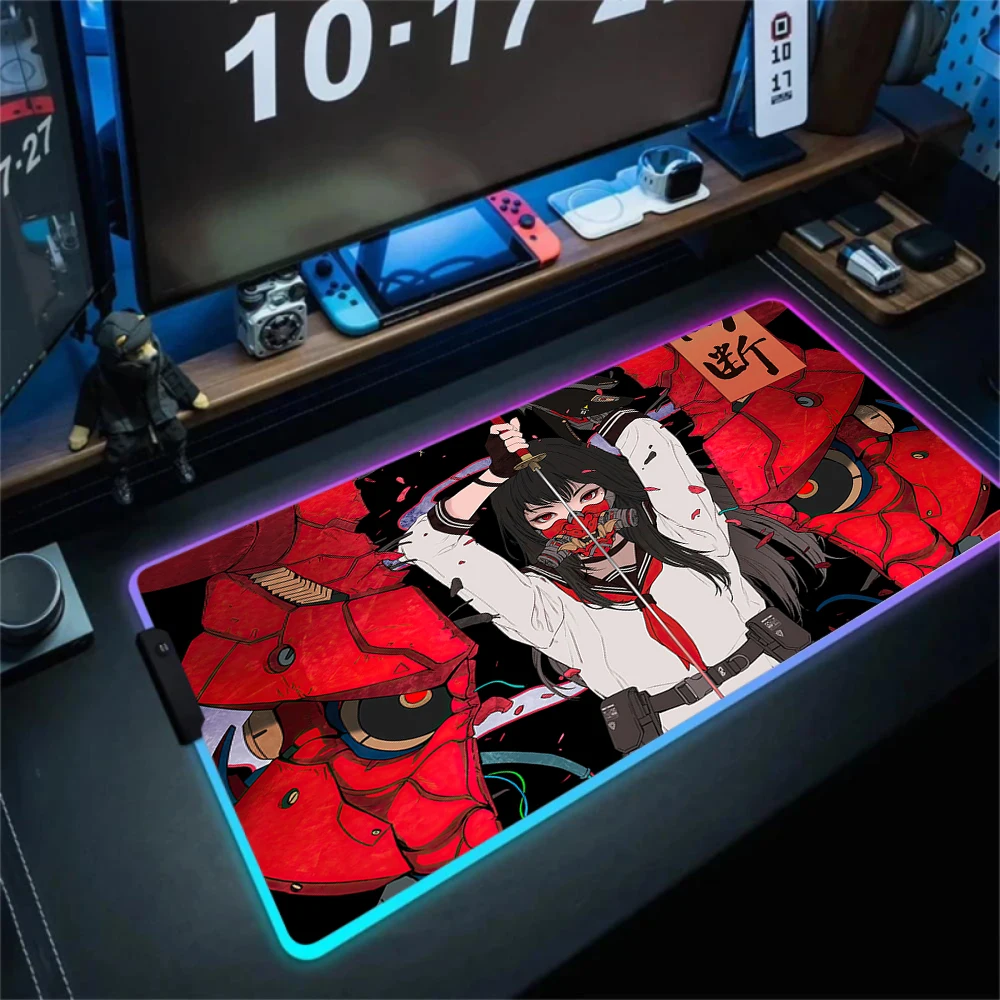 Laptop Japanese Samurai Girls Anime Deskmat Red Mask Girl Gamer RGB Mouse Pad Keyboard Mat Gaming Laptops LED Mousepad Mause Mat