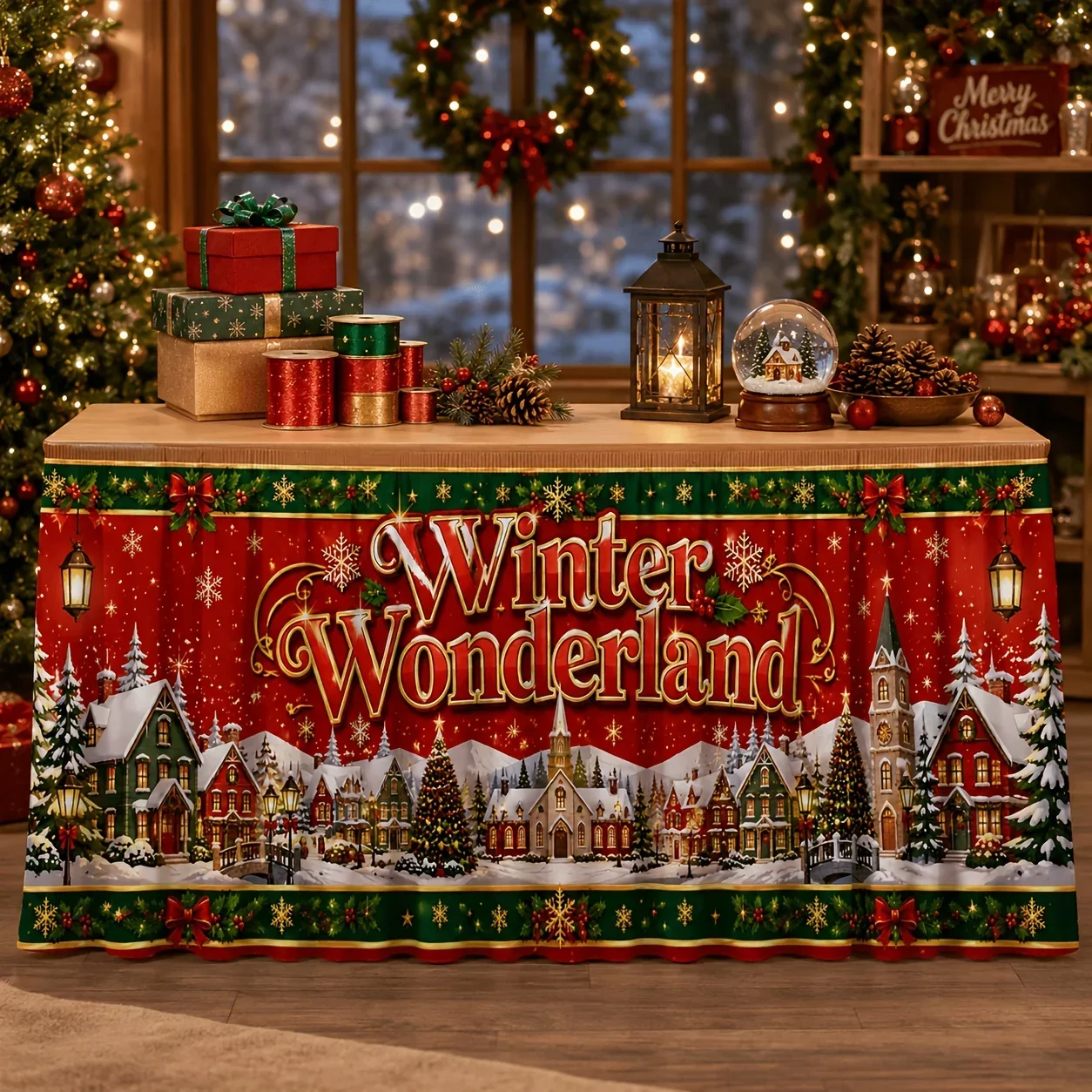 One tablecloth or table skirt, winter fairyland snow village house Christmas tree lanterns, suitable for Christmas partiesxzj