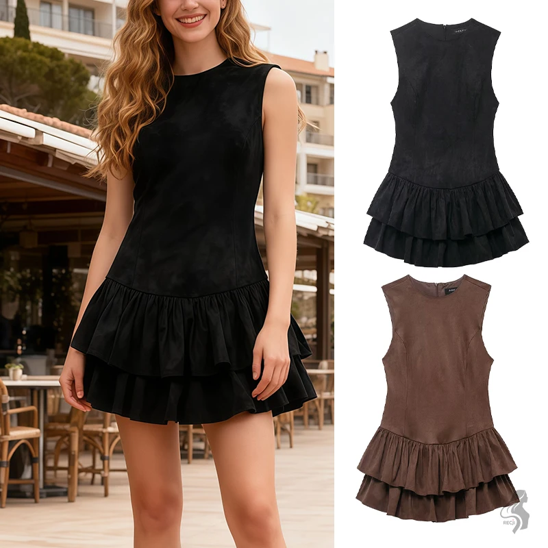 Moda feminina em camadas decorativas camurça texturizada vestido em torno do pescoço sem mangas elegante e macio vestido moda deve ter