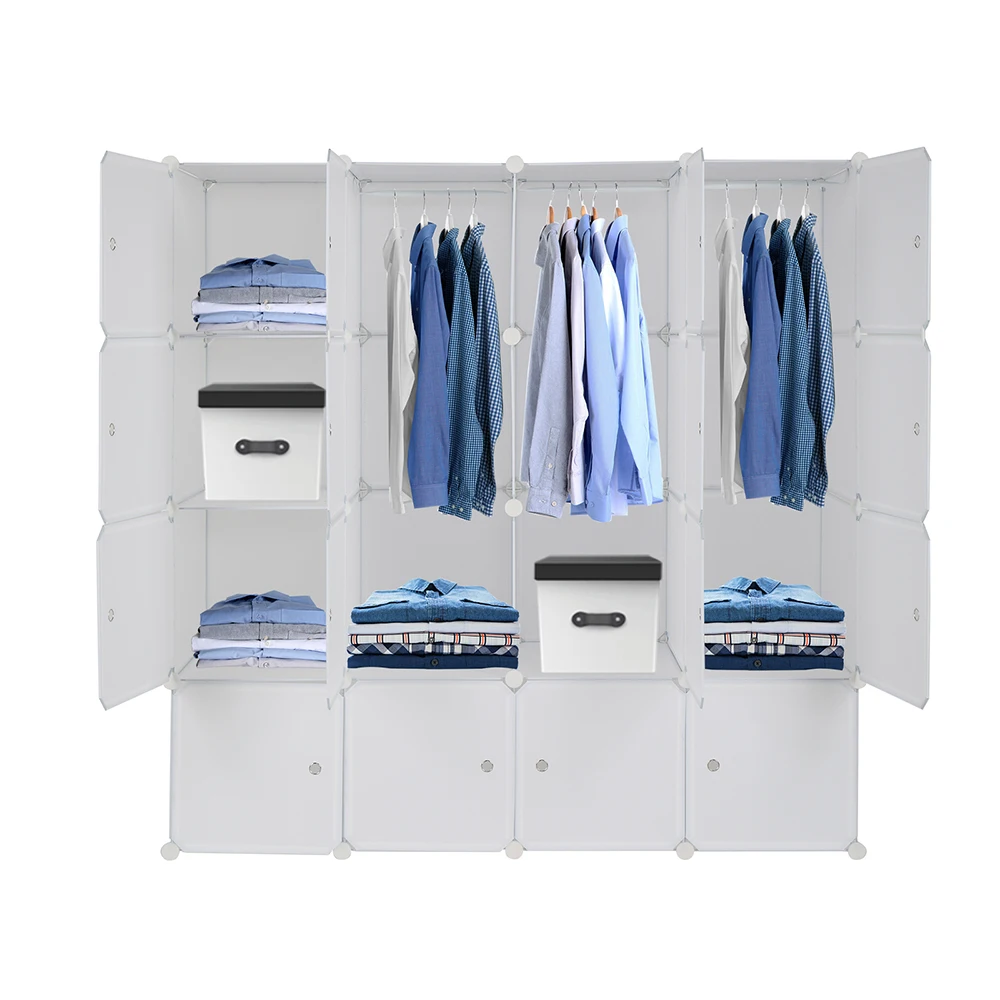 4-layer 16 Cube Organizer Stackable Plastic Cube Storage, Plastic + Steel Wire with 3 Clothes Rails, Free to Assemble, White