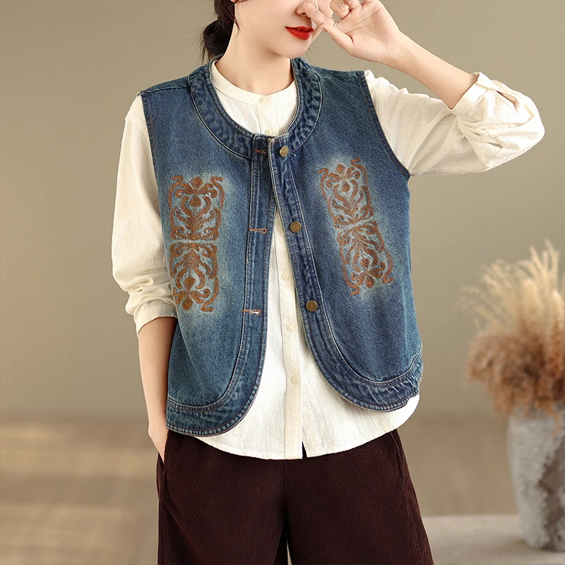 Gilet en Denim brodé pour femmes, coupe ample, vêtements d'extérieur de printemps, décontracté, artistique, polyvalent, grande taille, mélange de coton et de soie