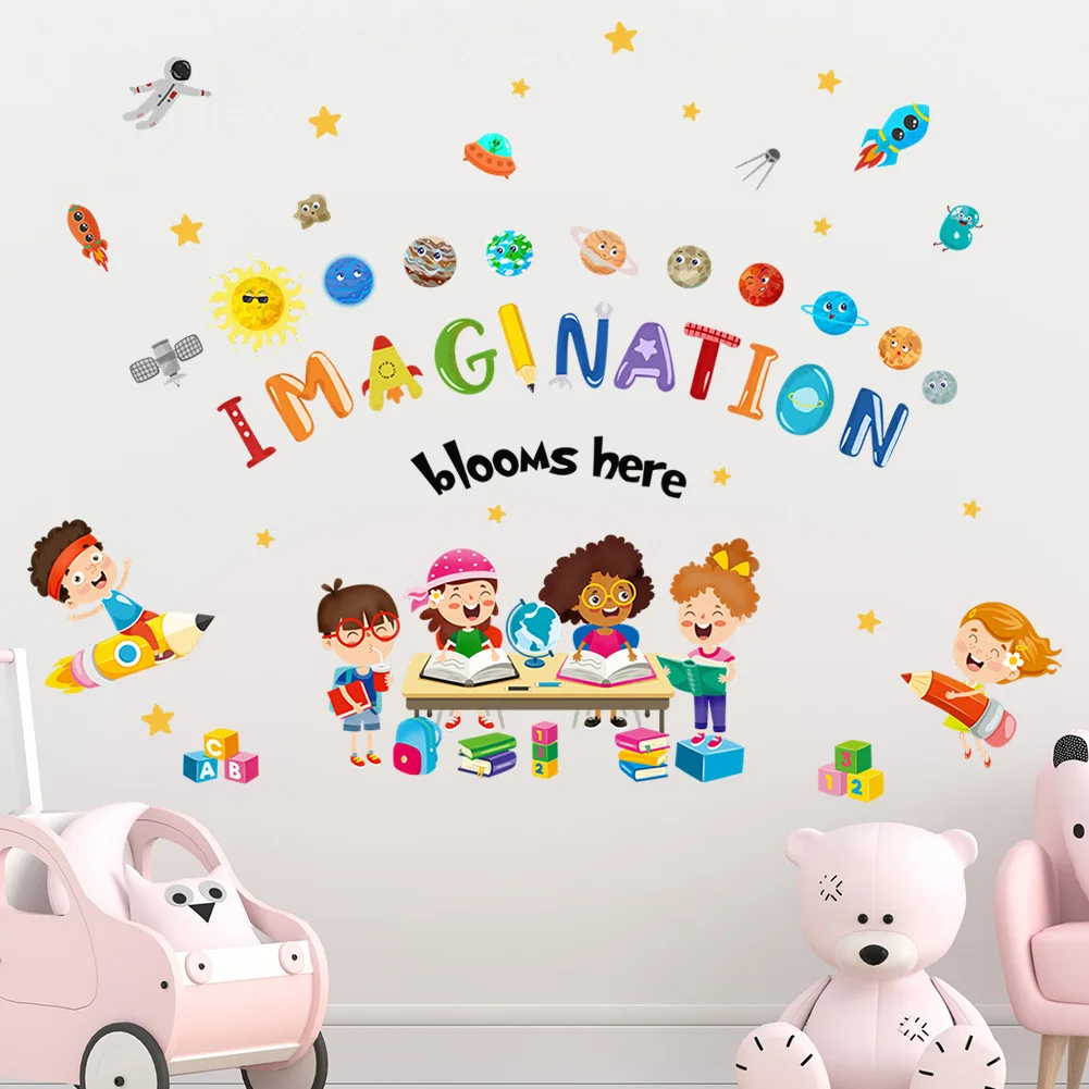 School classroom colorful solar system wall sticker self adhesive cartoon quote wall decal for kids