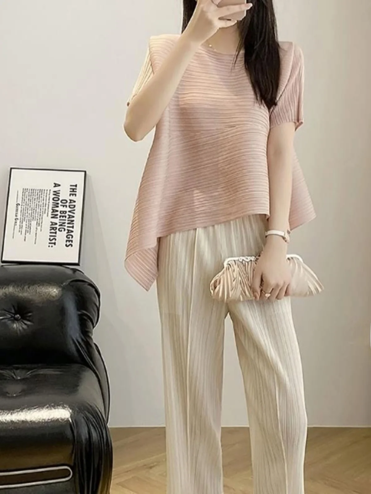 

Design Sensation Pure Color ort Sve irt Pleated Summer 2025 Brand Unique Small ence Women's Busin Casual Loose Fit