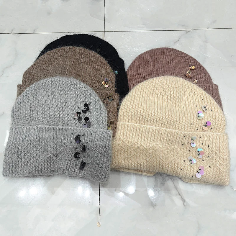 Hat Women Winter Beanie Angora Knit Sequins Double Layers Warm Accessory For Autumn Cold Weather Ski Sports Outdoor Holiday