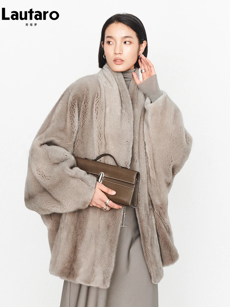 

Lautaro Autumn Winter Thick Warm Soft Faux Fur Coat Women V Neck Batwing Sleeve Elegant Luxury Chic Fluffy Cardigan Jacket 2026