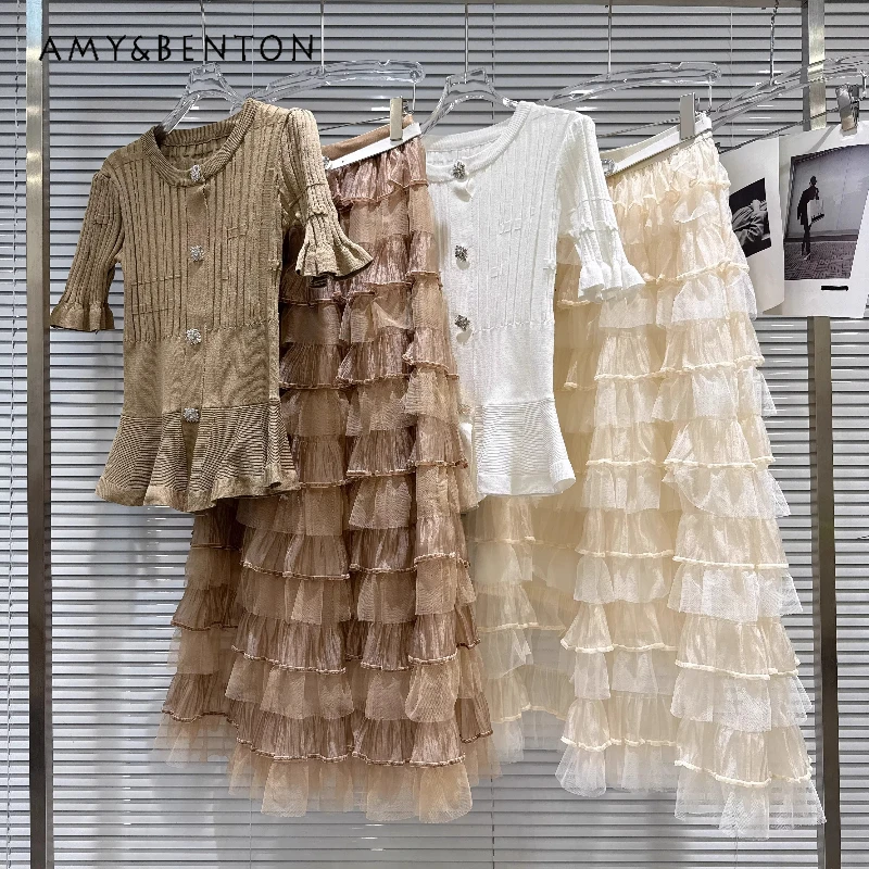 

2026 Spring New Temperament Diamond Buckle Knitted Women's Top French Design Sweet Cool Fashion Mesh Cake Skirts Sets Ladies