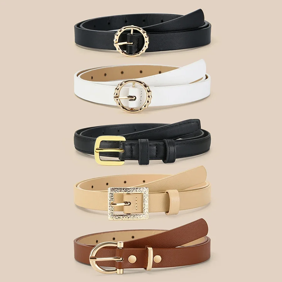 

5 шт. ремни из искусственной кожи для женщин, узкие поясные ремни с металлической пряжкой, однотонный, простой, с пряжкой, тонкий ремень для джинсовых платьев ​