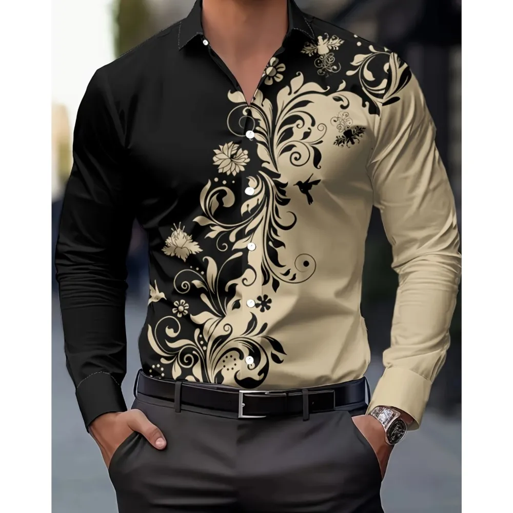 قميص رجالي كاجوال بأكمام طويلة مع طباعة زهور - قميص أسود وأبيض بتصميم بأزرار علوية عادية ملابس كاجوال بطبعة زهور #4