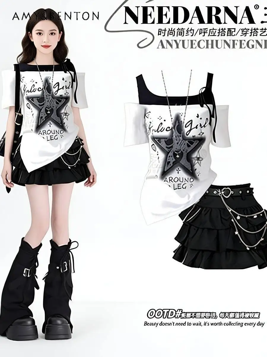 

Girls 2026 New Summer Dopamine Short Sleeve T-shirt Outfit Set Middle School Luxury High-end Chic Off-shoulder Tops Cake Skirt