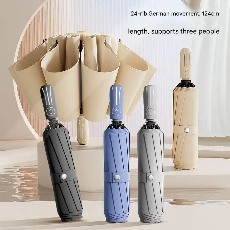 Fully Automatic Tri-fold Umbrella Enlarged Thickened Reinforced Wind Rain Resistant Black Vinyl Sun Protection Umbrella