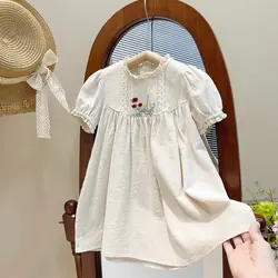 Girl's Dress Embroidered Short Sleeved Lace Dress Princess Dress 2024 Summer New Children's Clothing Kids