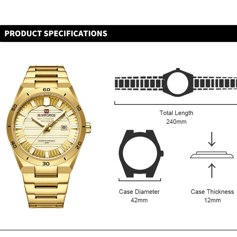 Clock NAVIFORCE Stainless Steel Men's Wristwatch 3ATM Waterproof Simple Fashion with Night Glow Pointer Calendar Display Male
