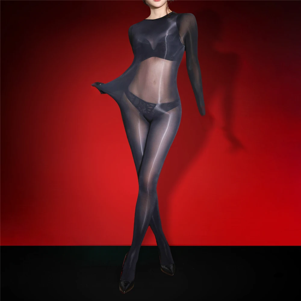 مثير المرأة تأثيري خادمة الجوارب النفط لامعة لامعة ارتداءها 5D رقيقة حريري بذلة الظهر وضع على تشكيل يوتار لون الحلوى