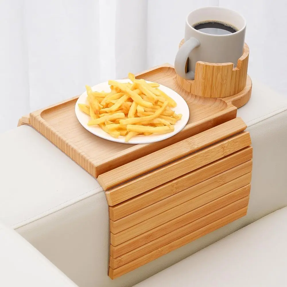 Bamboo Couch Armrest Tray with Cup Holder