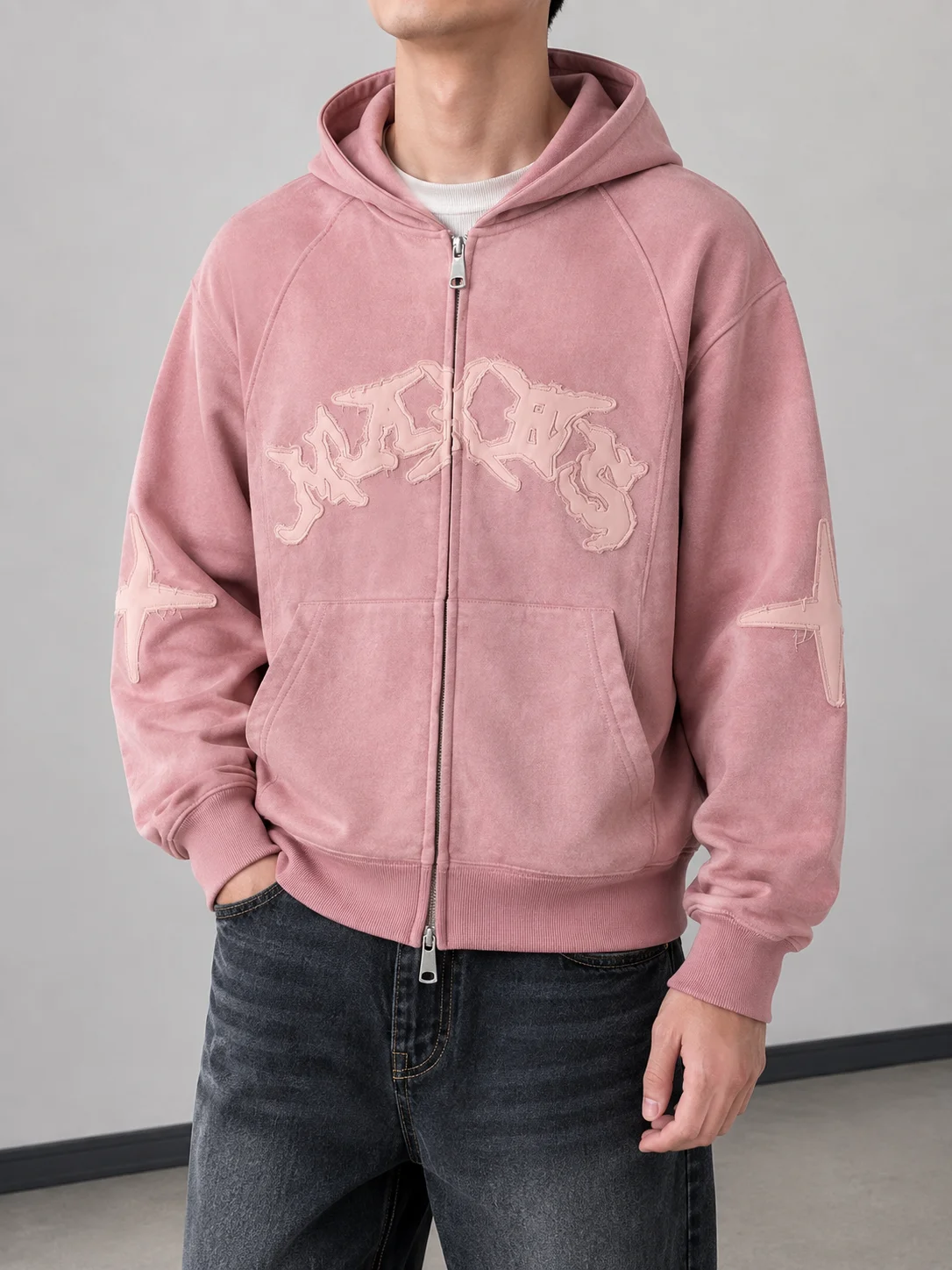 Jaqueta com Capuz Retro Americana Y2K com Letras Góticas em Patchwork, Solta e com Zíper, para Homens e Mulheres, Casual, par...