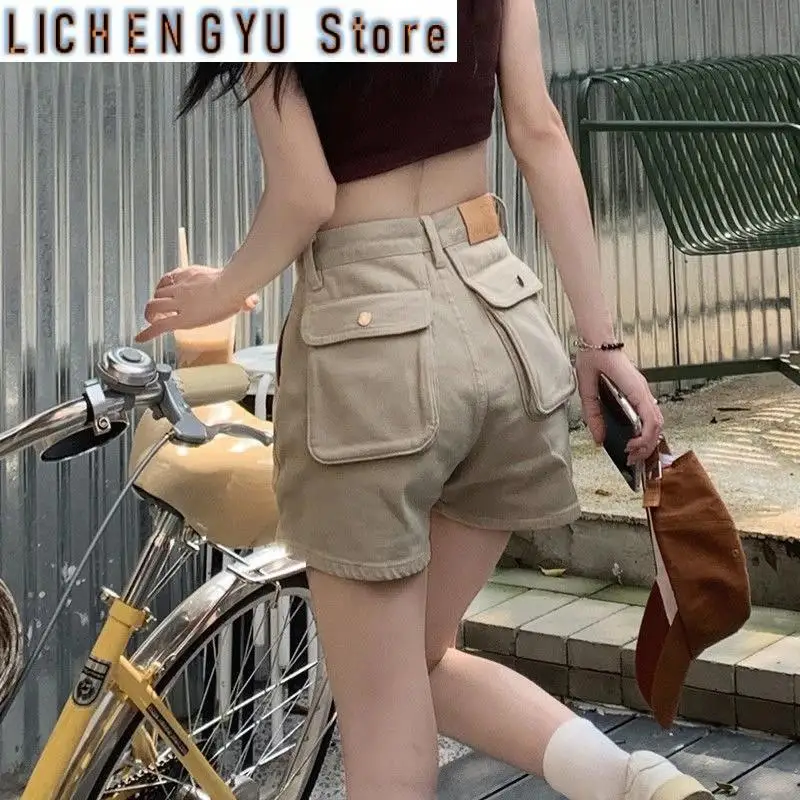 

New Khaki Cargo Denim Shorts Women Streetwear High Waisted Pockets Jeans Vintage Loose Casual All Match Short Pants Summer