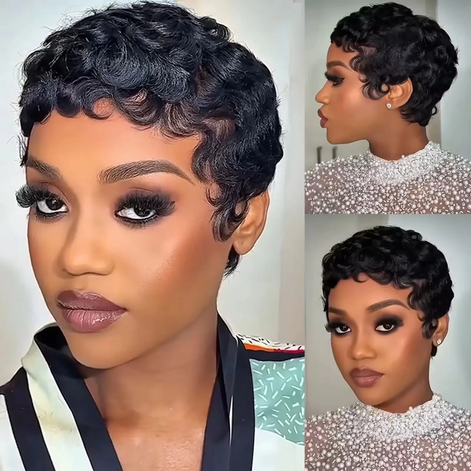 #1B Curly Pixie Cut Short Wigs For Women Natural Black Curly Wig Peruvian Remy Human Hair Bob Full Machine Made Wig 150% Density