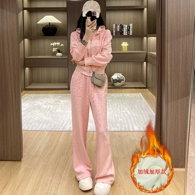

2025 Women Pink Hotfix Sport Suit Set Fleece Lined Hoodie Wide Leg Pants Two Piece Outfit Fall Winter Athletic
