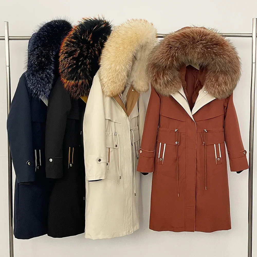 2025 feminino novo casaco de pele natural pele de coelho interior quente moda com capuz real pele de raposa à prova dwaterproof água grosso parker longo parka jaqueta