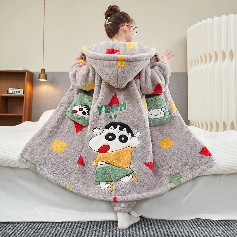 Crayon dos desenhos animados shin-chan pai-filho pijamas coral velo pijamas kawaii anime bordado engrossar roupas de casa pijamas de família