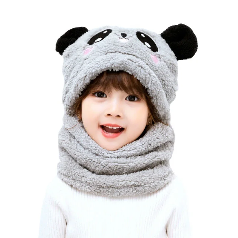 Fashionable Autumn and Winter Cute Childrens Cartoon Scarf Hat Two Piece Set Double Layer Wool Warm Boys and Girls Hat