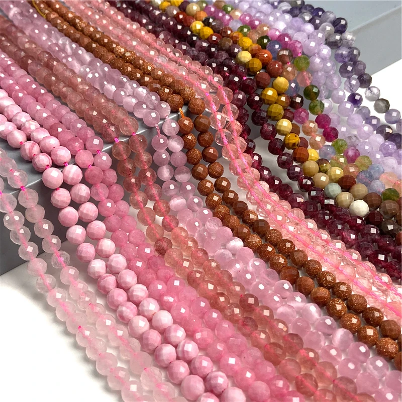 6MM Faceted Pink Round Spacer Gem Stone Beads Loose Red Rose Crystal Quartz Jaspers Bead For Beadwork Jewelry Making Wholesale