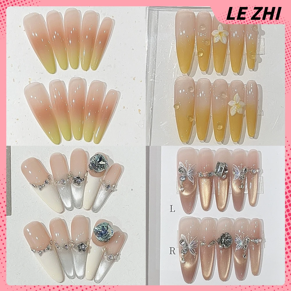 

10Pcs Lovely Hello Kitty Handmade Full Cover Long Stiletto Nails Kawaii French Diamond Bowknot Butterfly Detachable False Nail