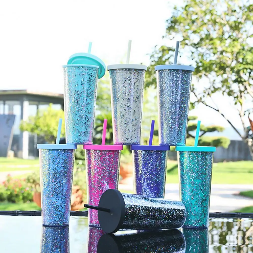 710ml Double Layers Cold Drink Cup Straw Cups BPA Free Glitter Water Bottle Tea Cup Coffee Mug Tumblers Casual Drinking Cup