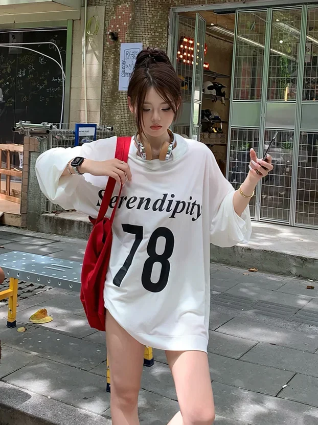 ADAgirl White Letter Print Long Sleeve T-shirts for Women Harajuku Vintage Summer Oversized Streetwear Korean Fashion Clothes