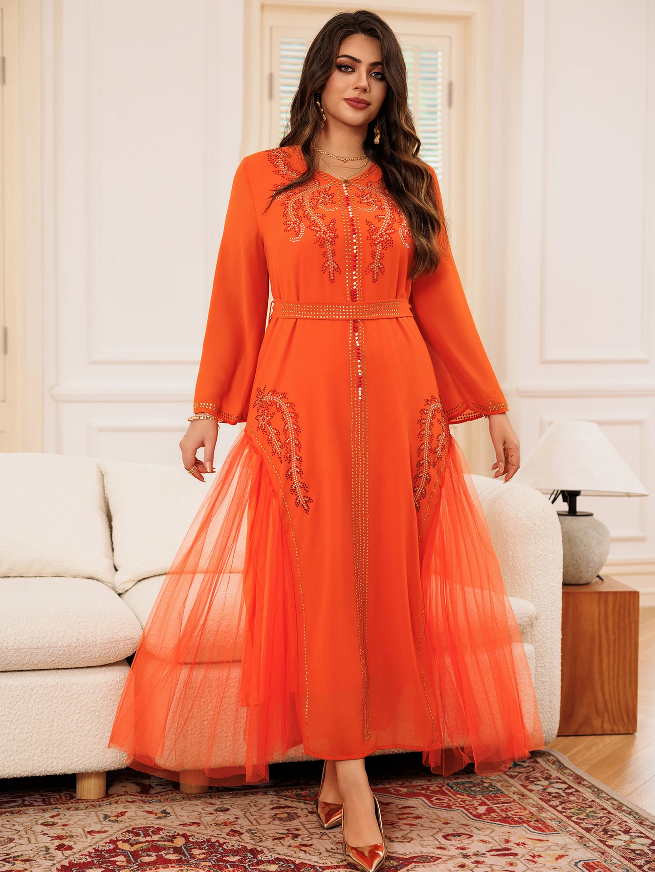 Orange Long Sleeve Women\'s Dress Rhinestone Mesh Middle East Arab Dubai Gilded Muslims Elegant Loose Abaya Dubai Luxury