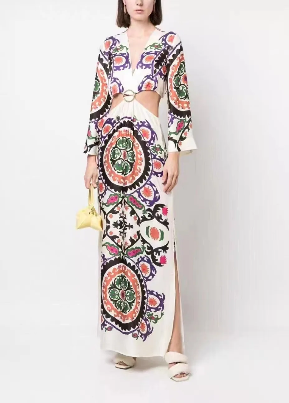 Vintage Floral Print V-neck Maxi Bare Waist Dress Flare Sleeve Dress Fashion Sexy Dress Long Dress