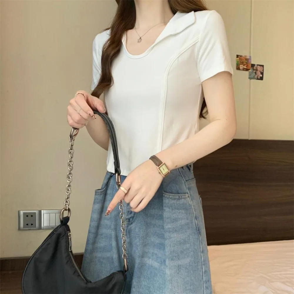 

Elegant V-neck Short Sleeve T Shirt Pullover Slim Fit Y2k Crop Tops Women Chic Fish Bone Flip Neck Blouses Summer