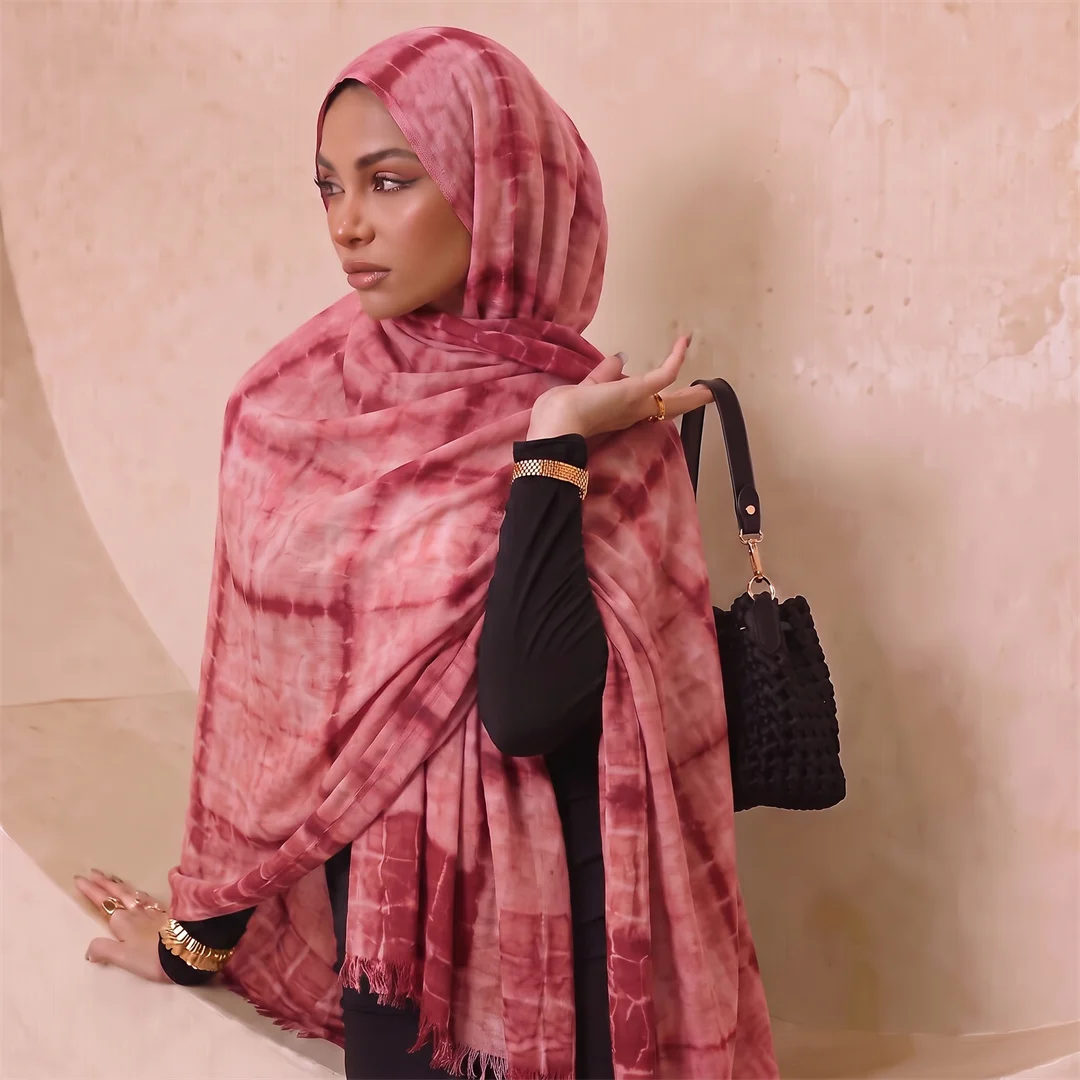 Fashion Tie Dye Rayon Hijab Scarf Fringe Edge Muslim Women Headscarf Wrap Soft Lightweight Breathable Islamic Daily Turban Shawl