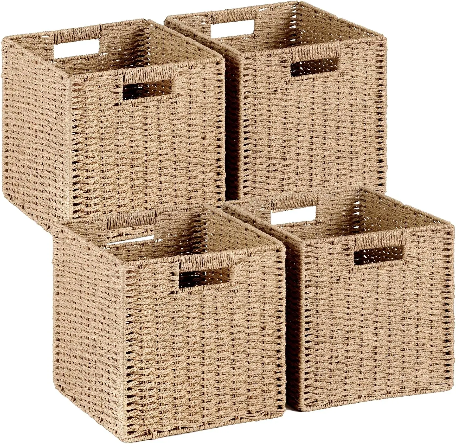 

Woven Storage Baskets 4-Pack, 11x11 Handwoven Paper Rope Organizer Bins, Foldable with Handles for Shelves and Closet