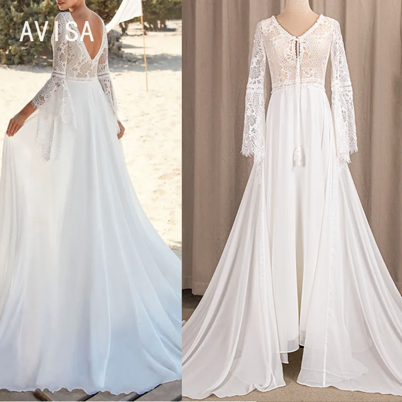 

Boho Sexy A-line Deep V-Neck Stain Wedding Dress Backless robe de mariée Flare Sleeve Bridal Gowns Bohemian vestido de noiva