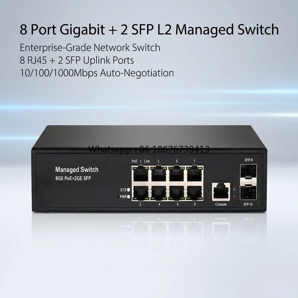 8 Port Gigabit Ethernet L2 Managed Switch 2 SFP Uplink Port 10/100/1000Mbps Web Management VLAN QoS LACP Network Switch