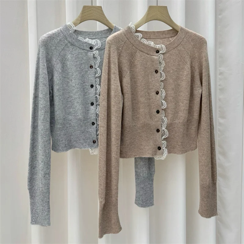 

Cardigan for women New elastic knitted slim short sleeved top for autumn 2025 100% wool Women's sweater Hand hooked lace Blouse