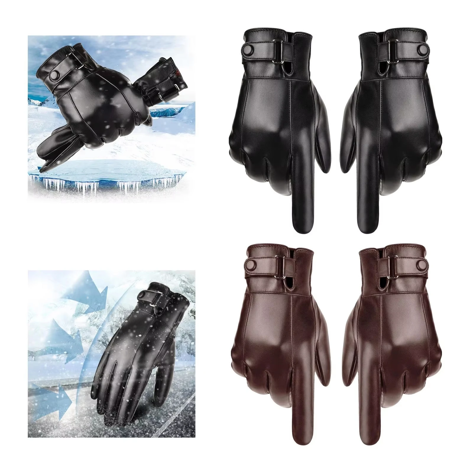 1Pair Leather Gloves Outdoor Cycling Gloves Touchscreen-compatible Fleece-lined Warm Gloves Waterproof Windproof Gloves