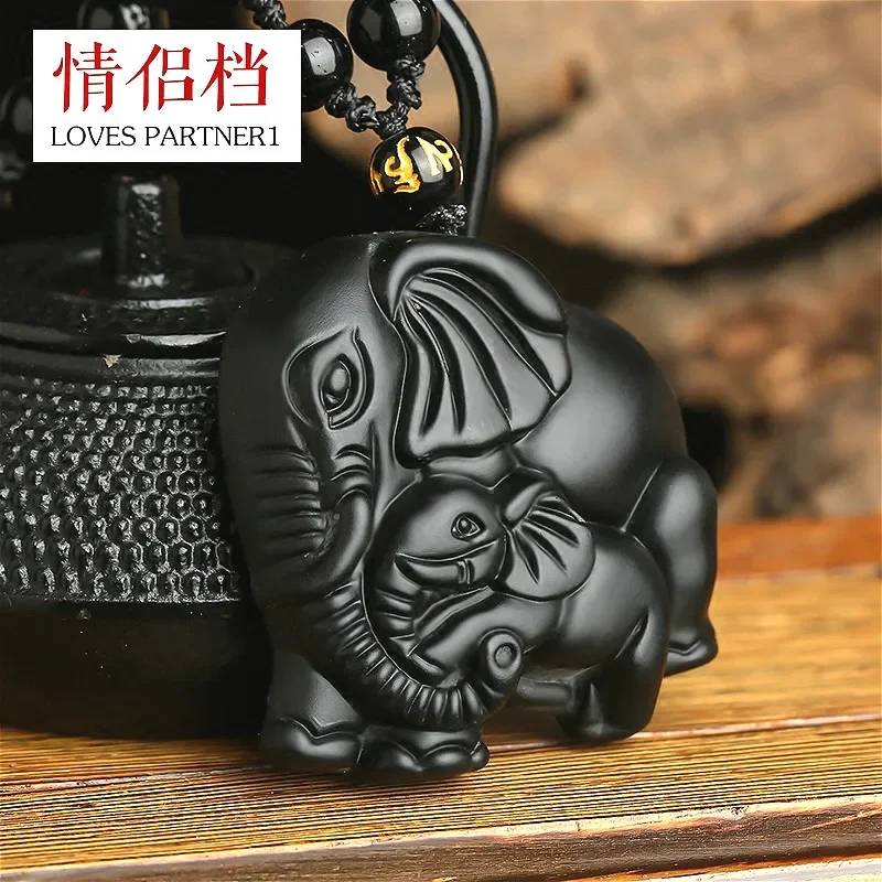 Natural Black Obsidian Elephant Pendant Beads Necklace Fashion Charm Jewellery Hand-Carved Amulet Gifts for Her Women Men